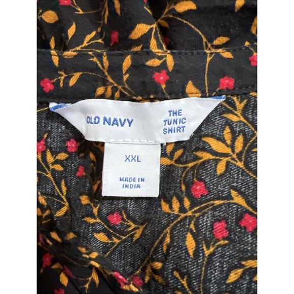 Old Navy Tunic Shirt XXL Dark Floral Gathered Sleeve Button Front Fall Print - Picture 3 of 9